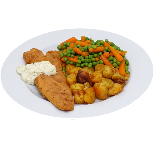 Lekkerbekje gebakken met remouladesaus, doperwten met wortelen en gebakken krieltjes